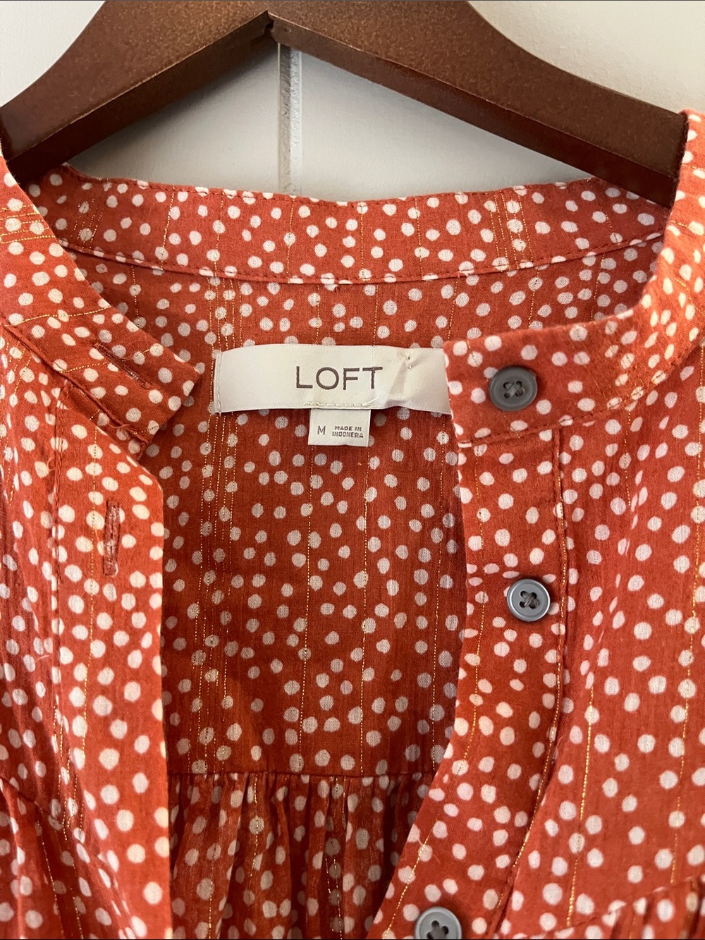 LOFT Rust Orange Dot Button-Front Blouse - Picture 11 of 13